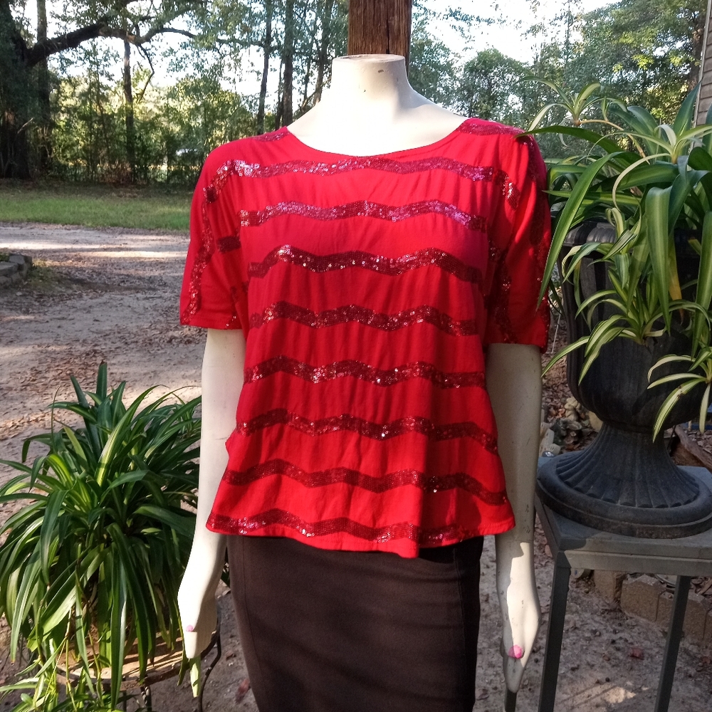EUC "Say Anything" red striped short sleeve shirt w/embellishments